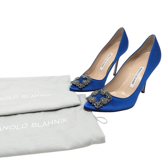 NEW Manolo Blahnik Hangisi Blue Satin Crystal Pump Size EU 38.5 - Picture 3 of 11